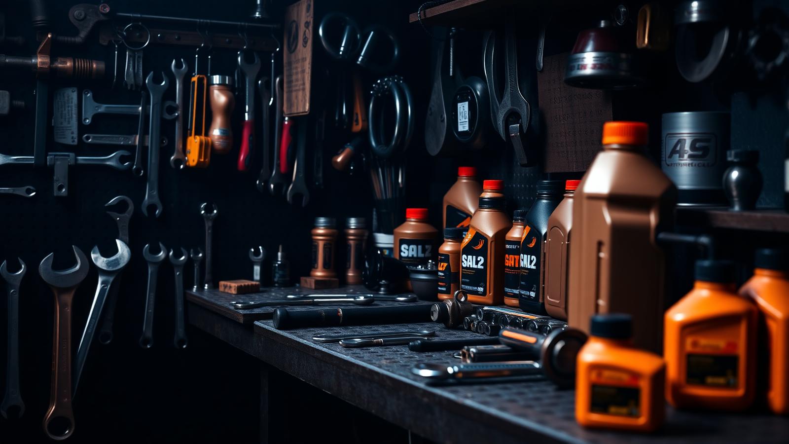 Industrial workshop with tools and motor oil